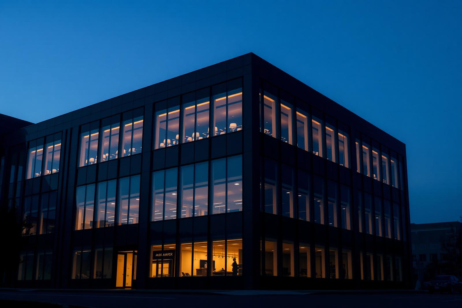 Modern commercial building at twilight